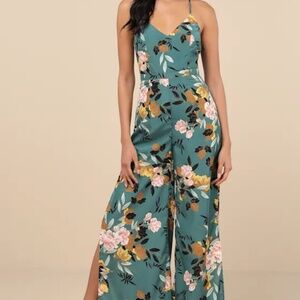 Lulus Beautiful Blooms Teal Green Floral Print Wide-leg Jumpsuit - Size XL